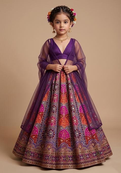 Deep Purple Embroidered Crepe Lehenga Set For Girls