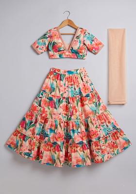 Multicolor Floral Print Crepe Lehenga Set For Girls