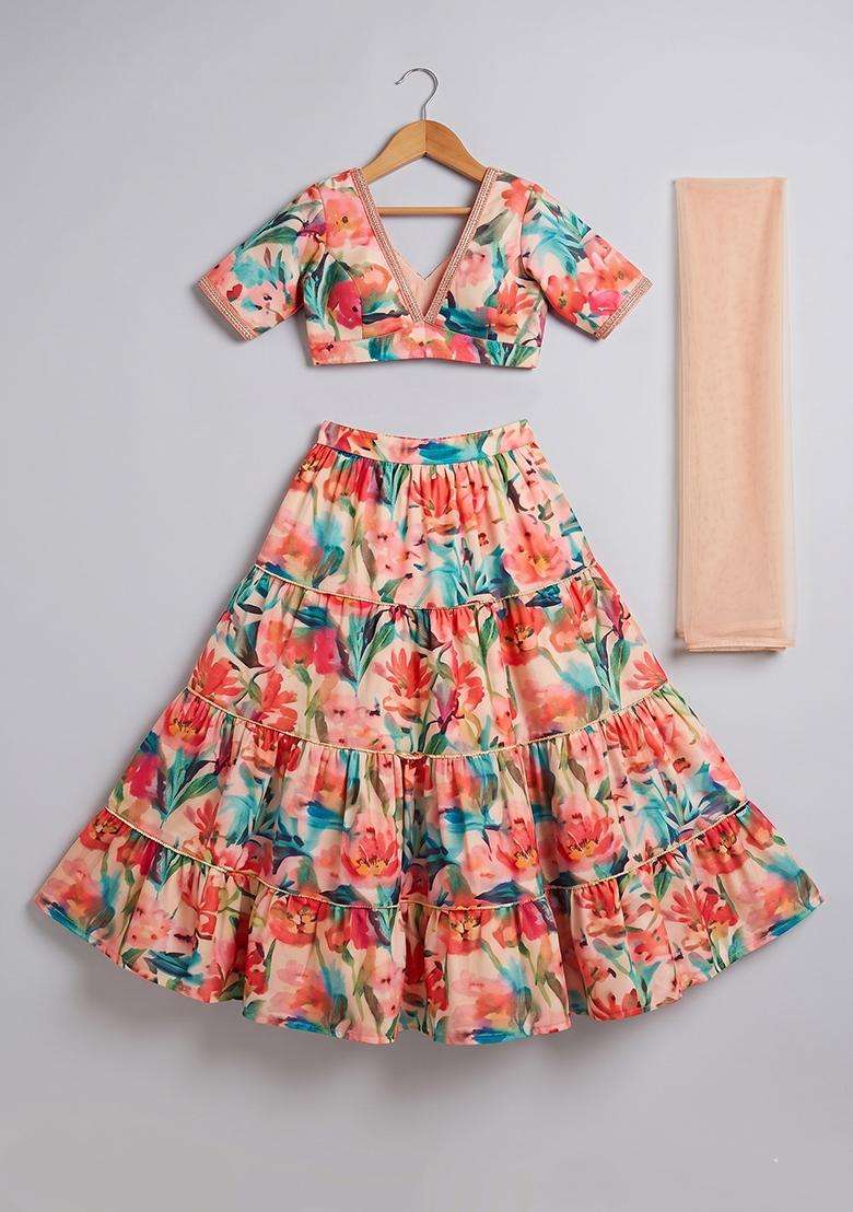 Multicolor Floral Print Crepe Lehenga Set For Girls - Indya