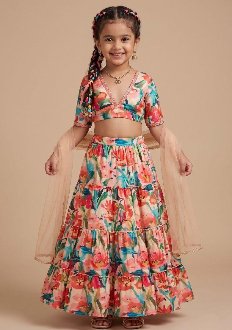 Multicolor Floral Print Crepe Lehenga Set For Girls - Indya