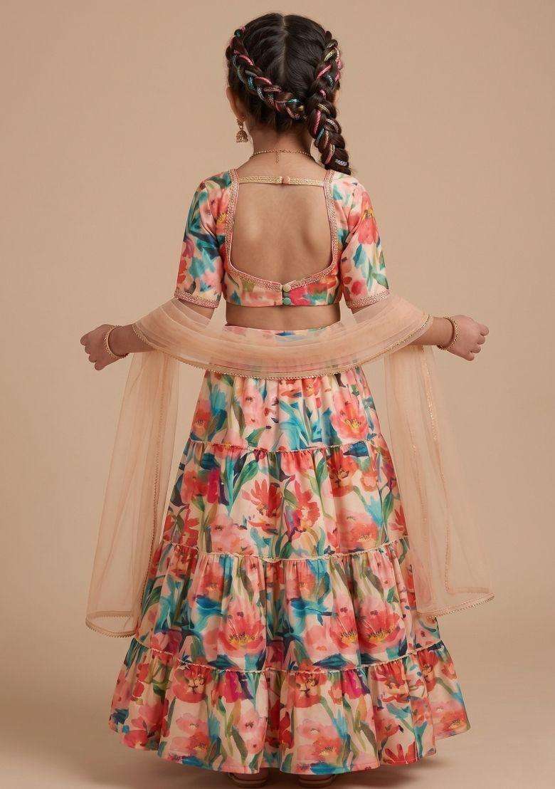 Multicolor Floral Print Crepe Lehenga Set For Girls - Indya