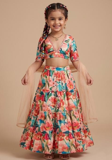 Multicolor Floral Print Crepe Lehenga Set For Girls — view on Indya