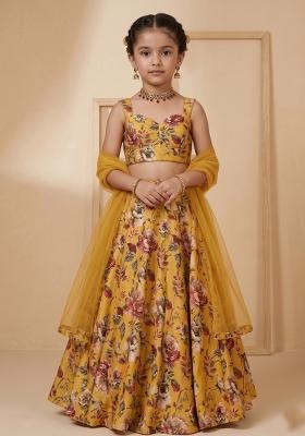 Mustard Floral Print Silk Lehenga Set For Girls