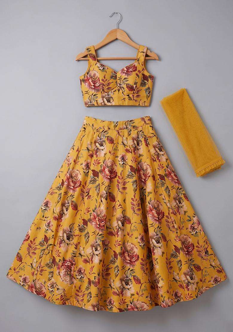 Mustard Floral Print Silk Lehenga Set For Girls - Indya