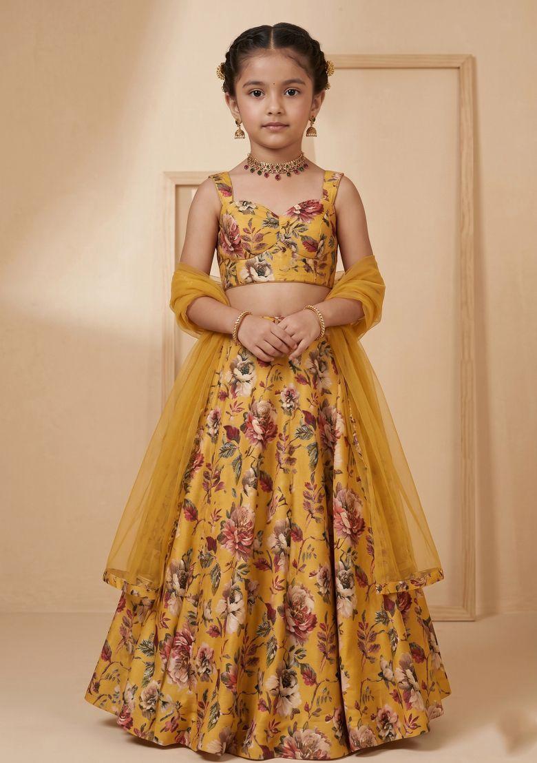 Mustard Floral Print Silk Lehenga Set For Girls - Indya