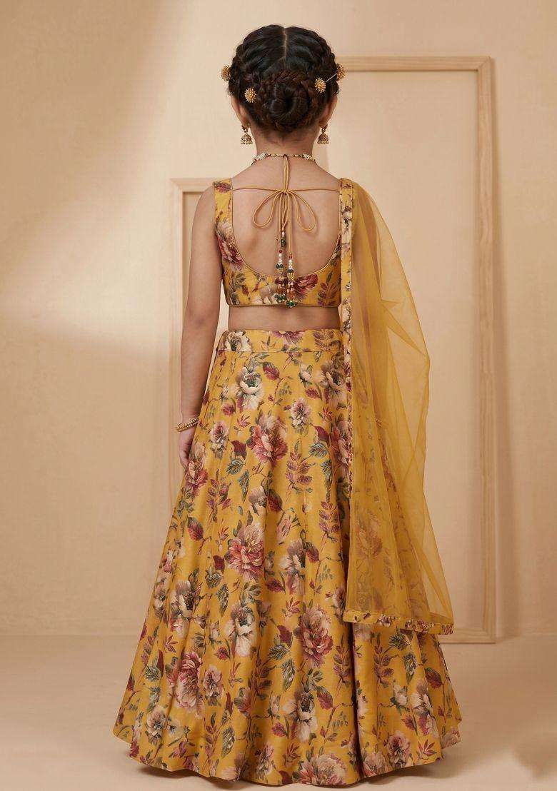 Mustard Floral Print Silk Lehenga Set For Girls - Indya