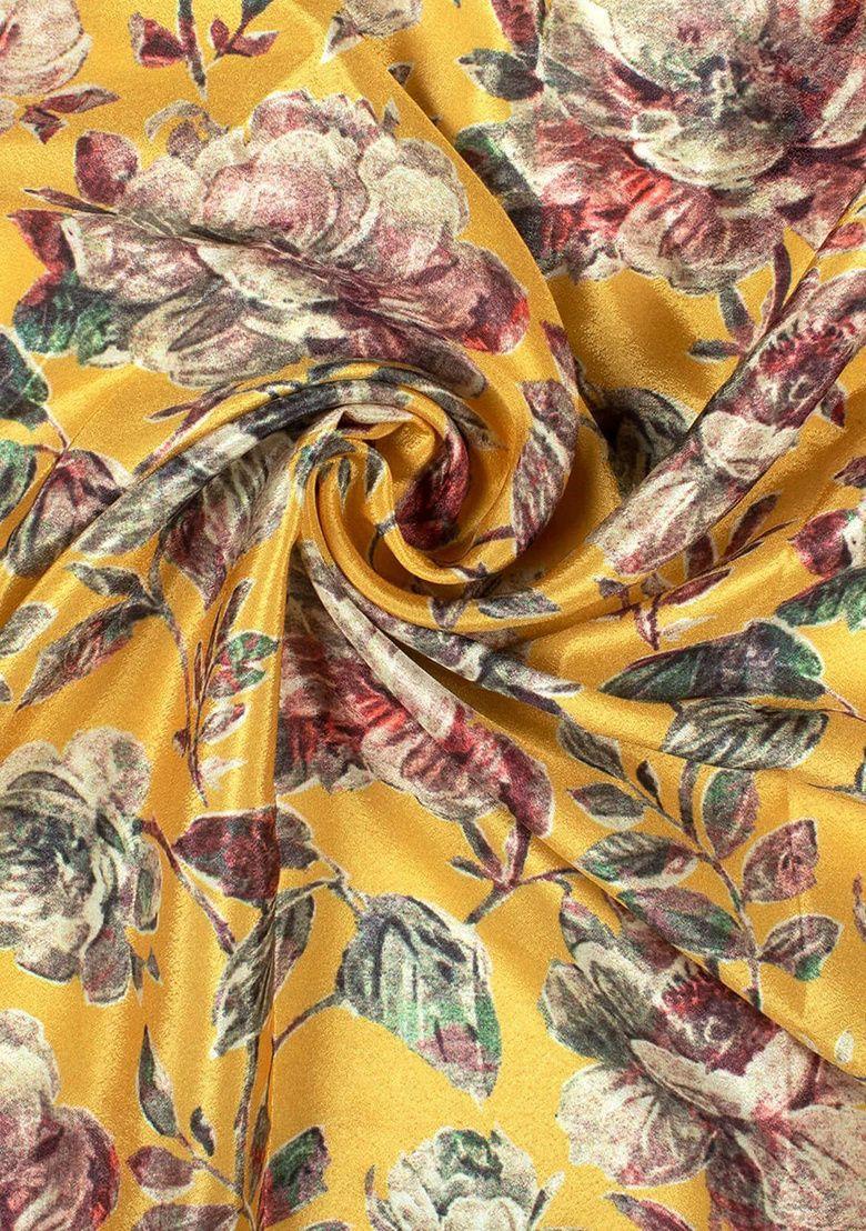 Mustard Floral Print Silk Lehenga Set For Girls - Indya