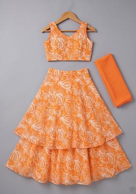 Orange Floral Print Chinon Lehenga Set For Girls