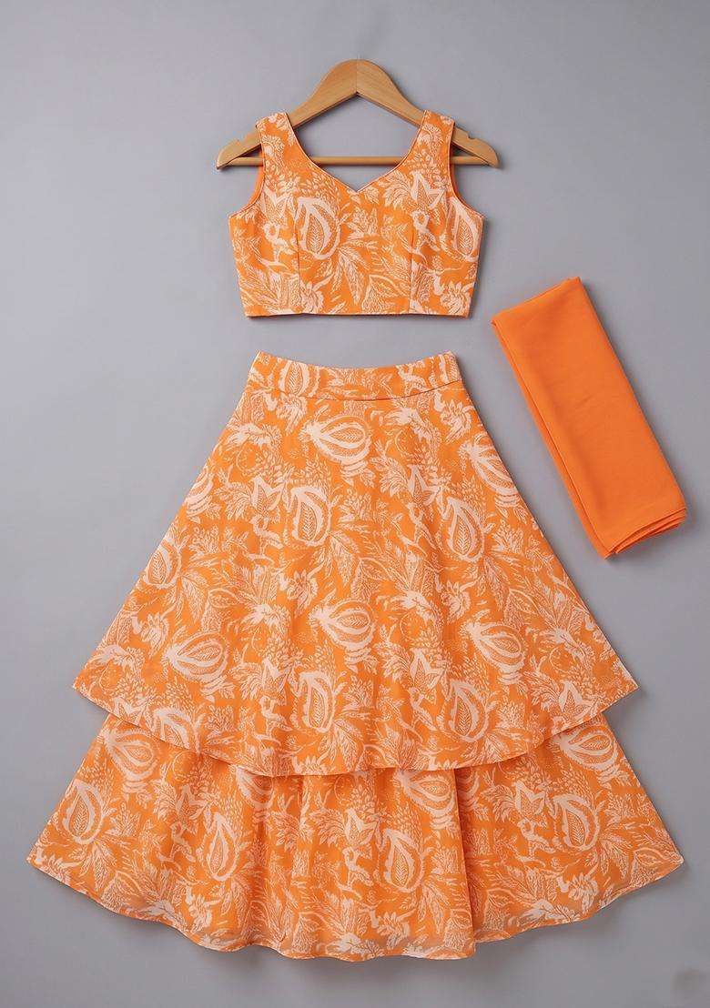 Orange Floral Print Chinon Lehenga Set For Girls - Indya