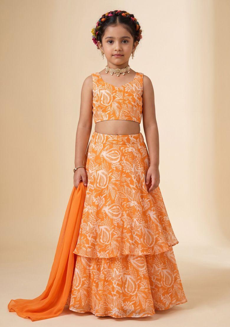 Orange Floral Print Chinon Lehenga Set For Girls - Indya