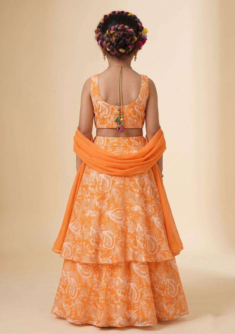 Orange Floral Print Chinon Lehenga Set For Girls - Indya