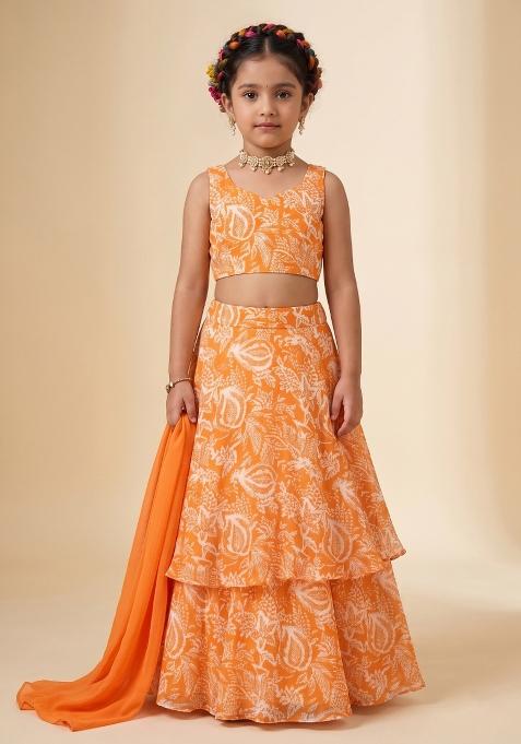 Orange Floral Print Chinon Lehenga Set For Girls