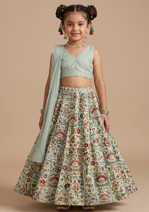 Mint Green Silk Lehenga Set For Girls — view on Indya