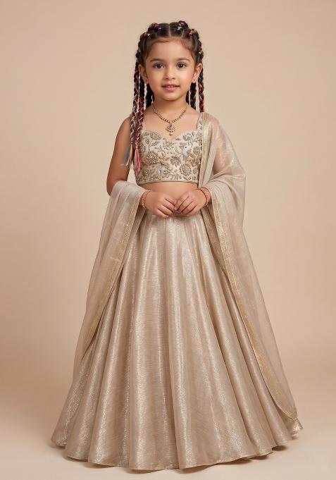 Champagne Gold Embroidered Crepe Lehenga Set For Girls — view on Indya