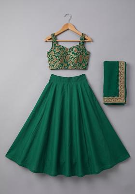 Dark Green Embroidered Crepe Lehenga Set For Girls