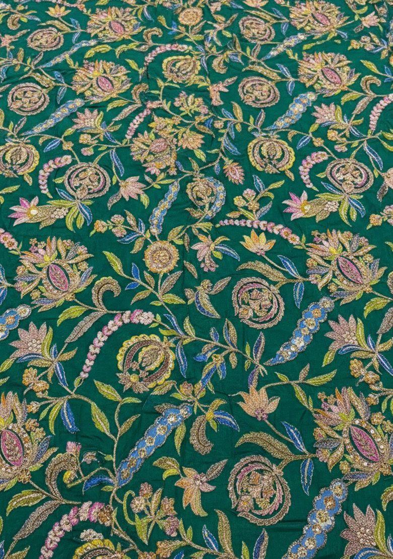 Dark Green Embroidered Crepe Lehenga Set For Girls - Indya