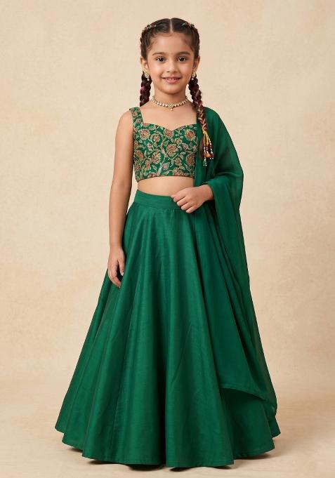 Dark Green Embroidered Crepe Lehenga Set For Girls — view on Indya