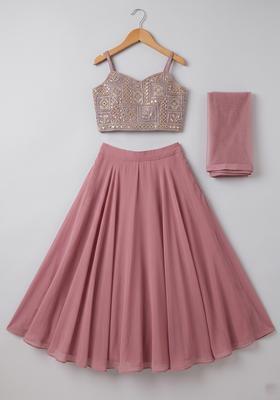 Mauve Embroidered Silk Lehenga Set For Girls