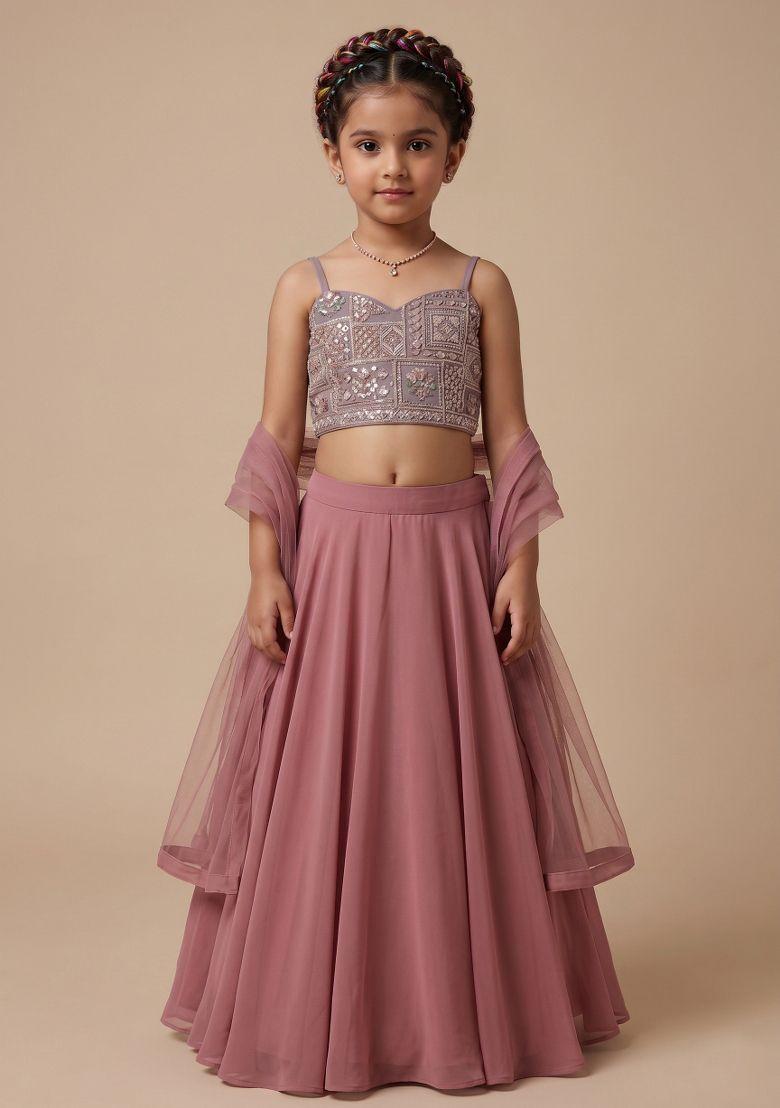 Mauve Embroidered Silk Lehenga Set For Girls - Indya