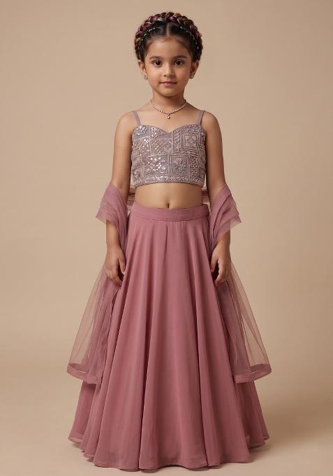 Mauve Embroidered Silk Lehenga Set For Girls — view on Indya