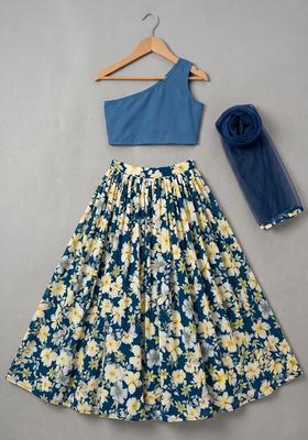 Midnight Blue Floral Print Crepe Lehenga Set For Girls
