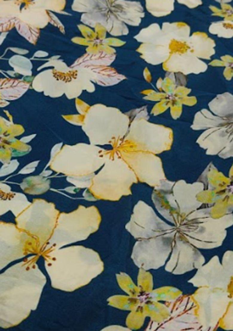 Midnight Blue Floral Print Crepe Lehenga Set For Girls - Indya