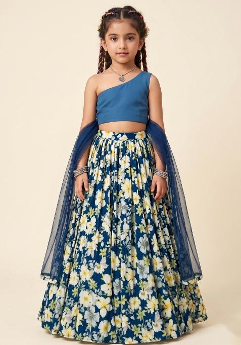 Midnight Blue Floral Print Crepe Lehenga Set For Girls