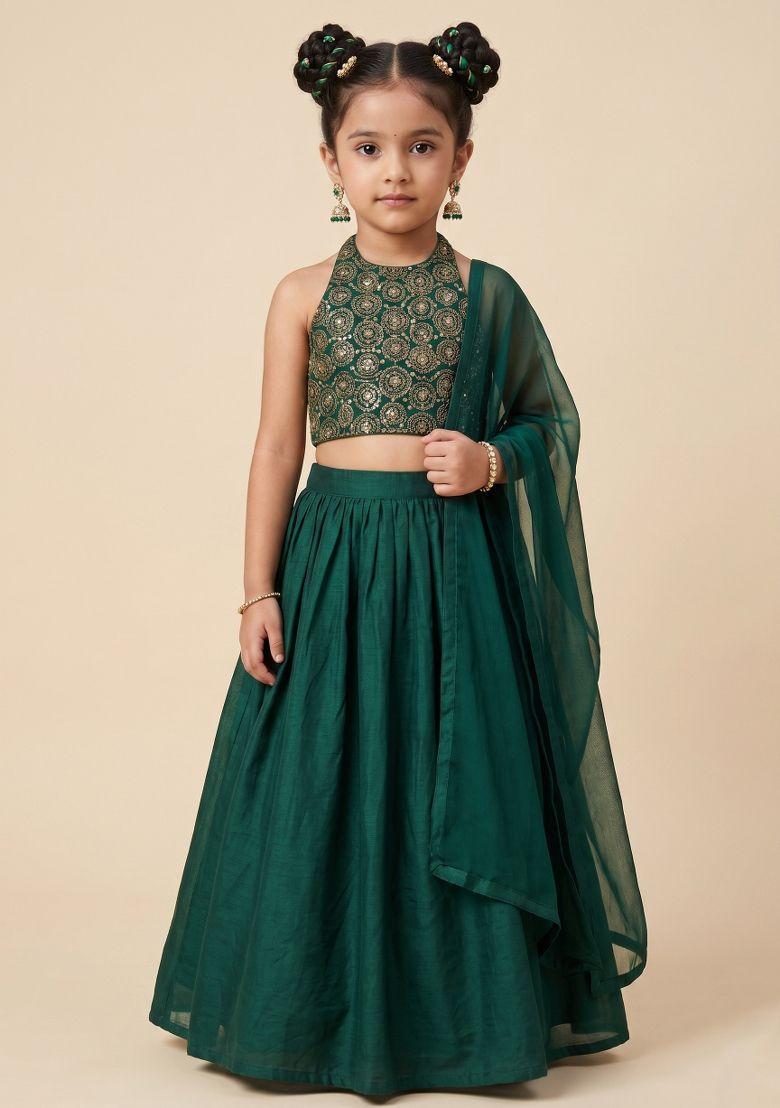 Emerald Green Embroidered Tissue Lehenga Set For Girls - Indya