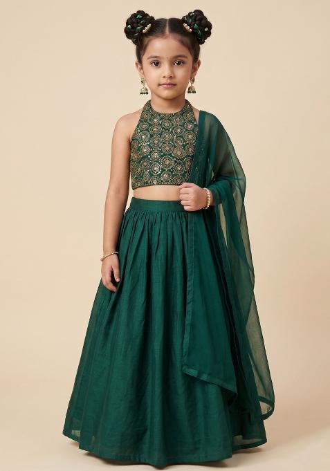 Emerald Green Embroidered Tissue Lehenga Set For Girls — view on Indya