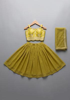 Olive Green Printed Jacquard Lehenga For Girls