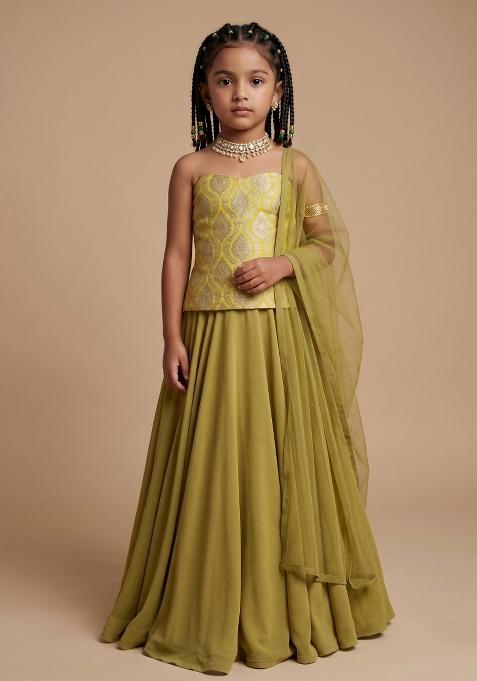 Olive Green Printed Jacquard Lehenga For Girls — view on Indya