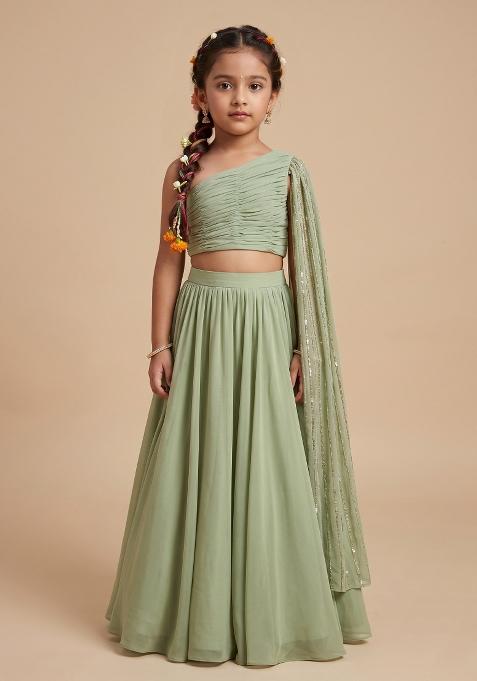 Sage Green Handwork Crepe Lehenga Set For Girls — view on Indya