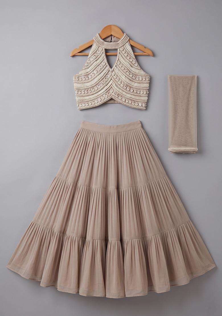 Beige Handwork Goergette Lehenga Set For Girls - Indya