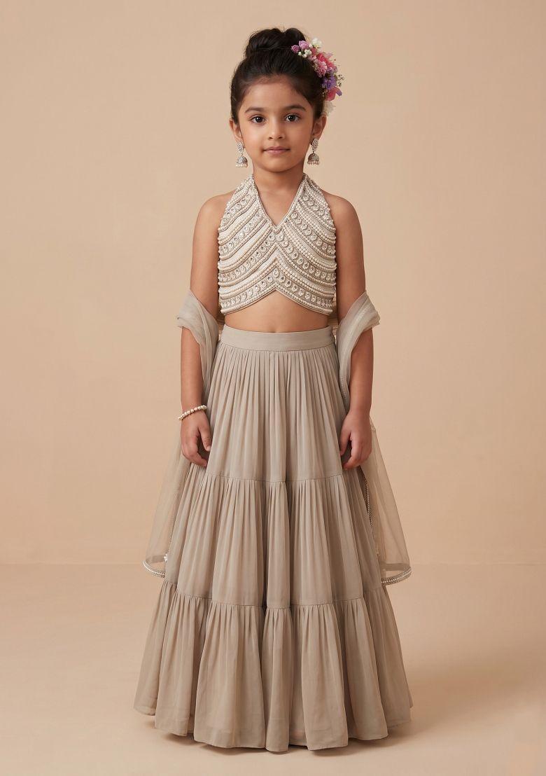 Beige Handwork Goergette Lehenga Set For Girls - Indya