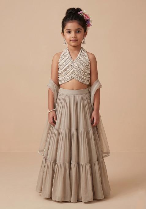 Beige Handwork Goergette Lehenga Set For Girls