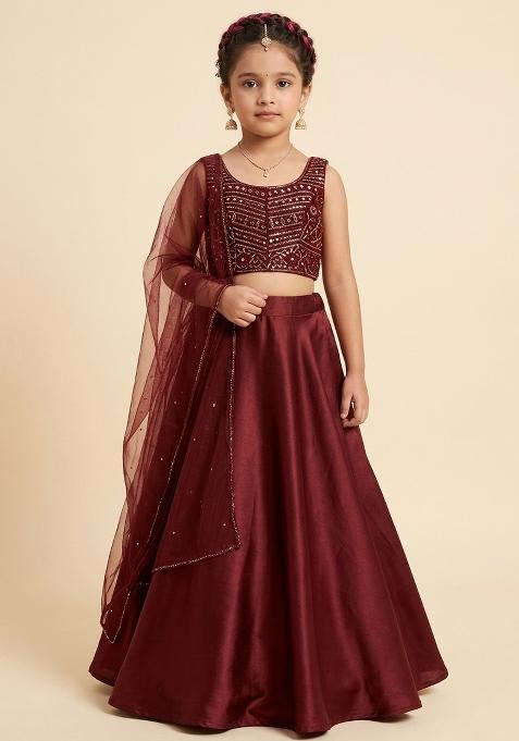 Burgundy Crepe Embroidered Handwork Lehenga Set For Girls — view on Indya