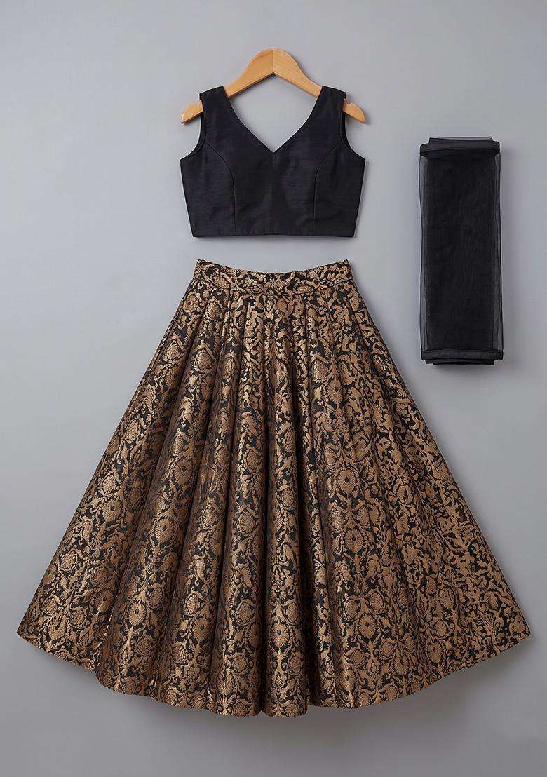 Black Silk Lehenga Set For Girls - Indya