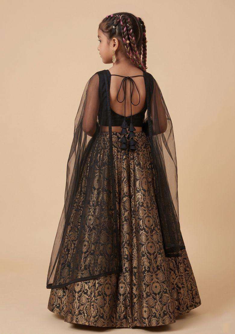 Black Silk Lehenga Set For Girls - Indya