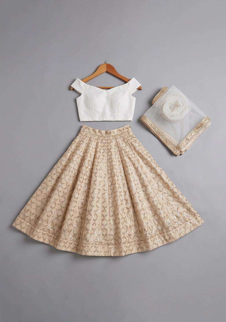 White Chanderi Lehenga Set For Girls - Indya