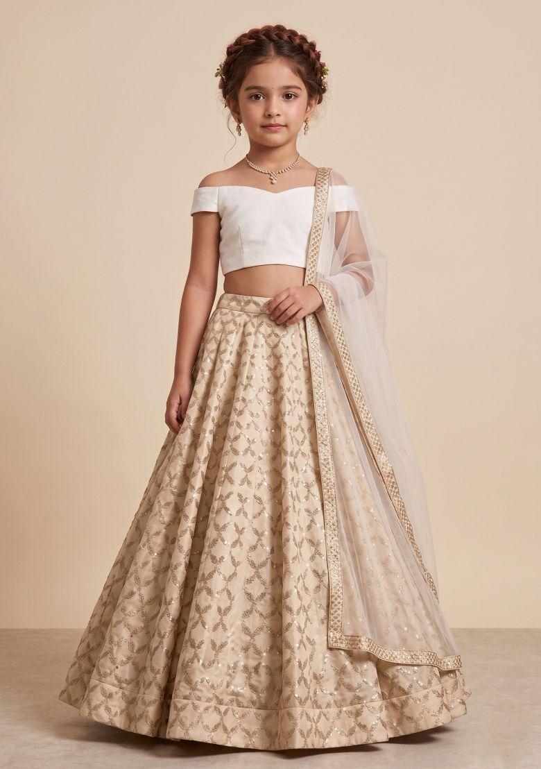 White Chanderi Lehenga Set For Girls - Indya