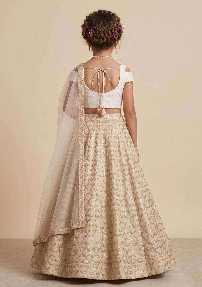 White Chanderi Lehenga Set For Girls - Indya
