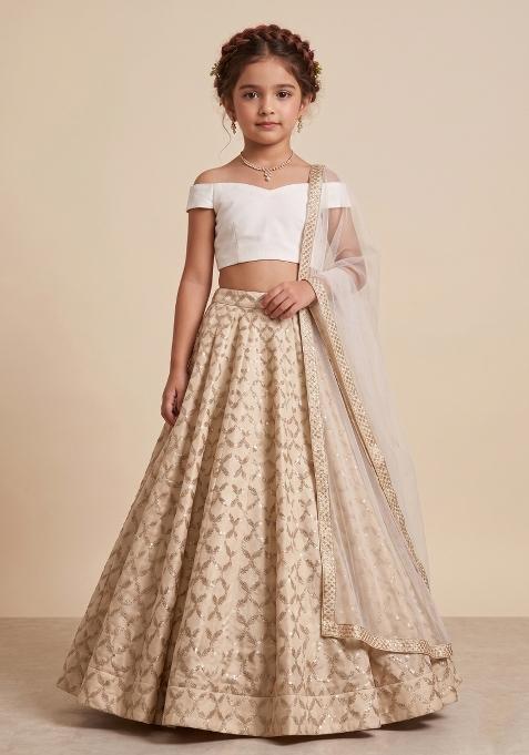 White Chanderi Lehenga Set For Girls — view on Indya