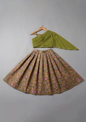 Olive Green Floral Print Chinon Lehenga Set For Girls