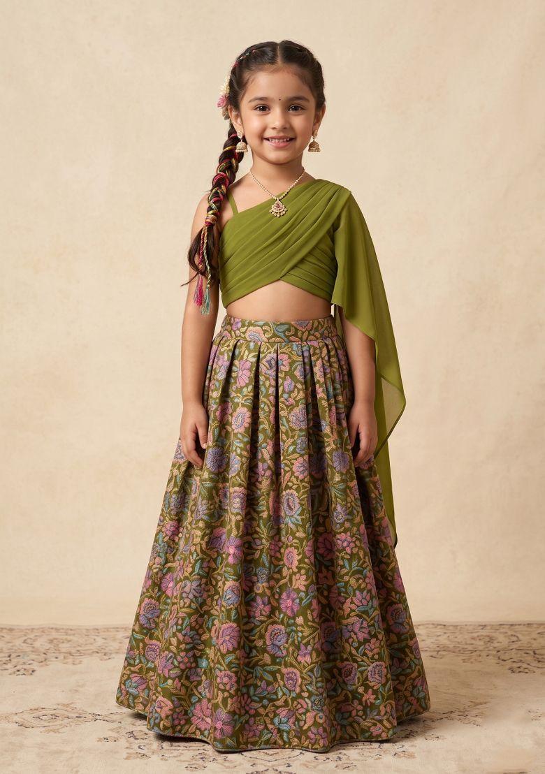 Olive Green Floral Print Chinon Lehenga Set For Girls - Indya