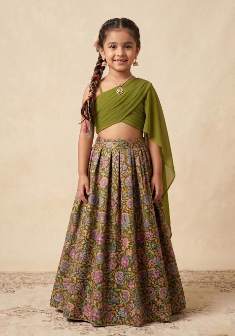 Olive Green Floral Print Chinon Lehenga Set For Girls — view on Indya
