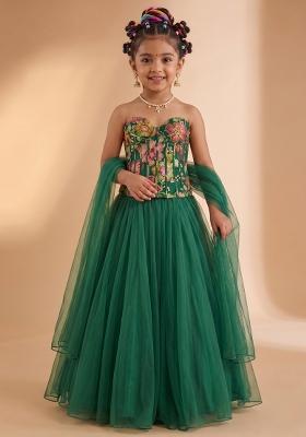 Emerald Green Printed Organza Fusion Set For Girls