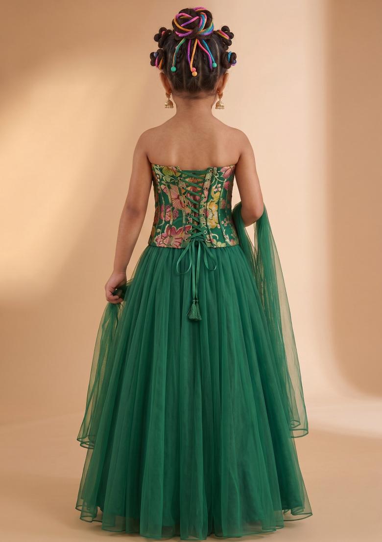 Emerald Green Printed Organza Lehenga Set For Girls - Indya
