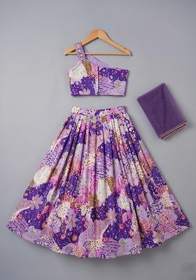 Violet Purple Printed Crepe Lehenga Set For Girls