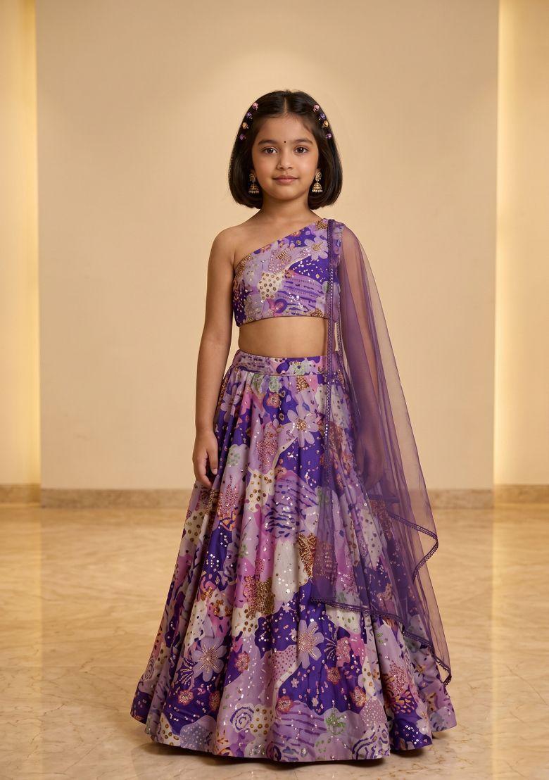 Violet Purple Printed Crepe Lehenga Set For Girls - Indya