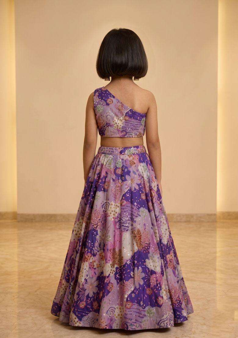 Violet Purple Printed Crepe Lehenga Set For Girls - Indya
